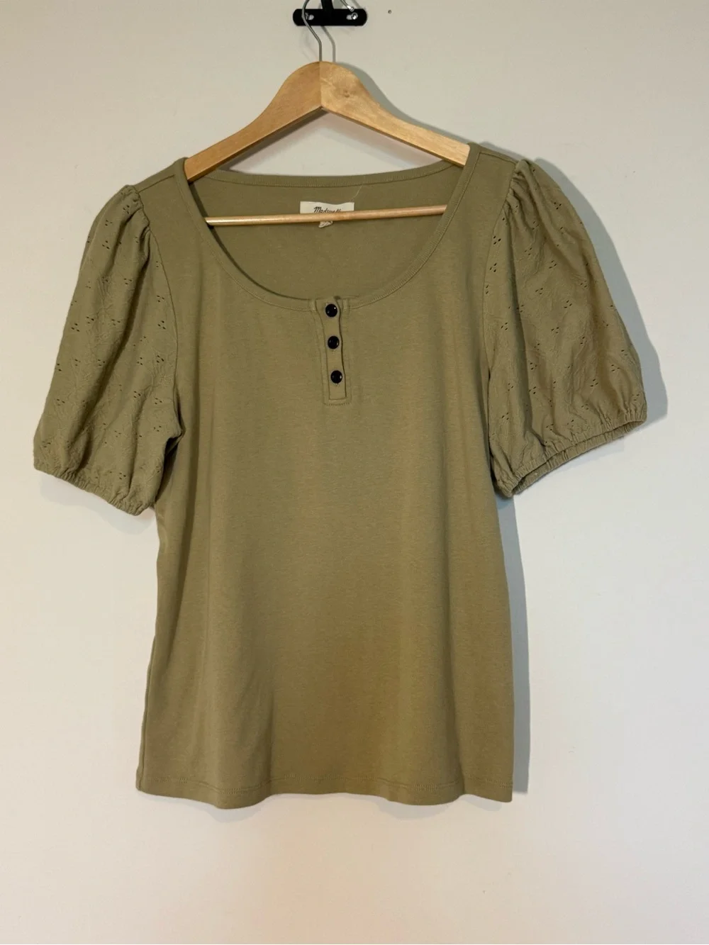 Madewell Olive Eyelet Puff Sleeve Henley Top Size M